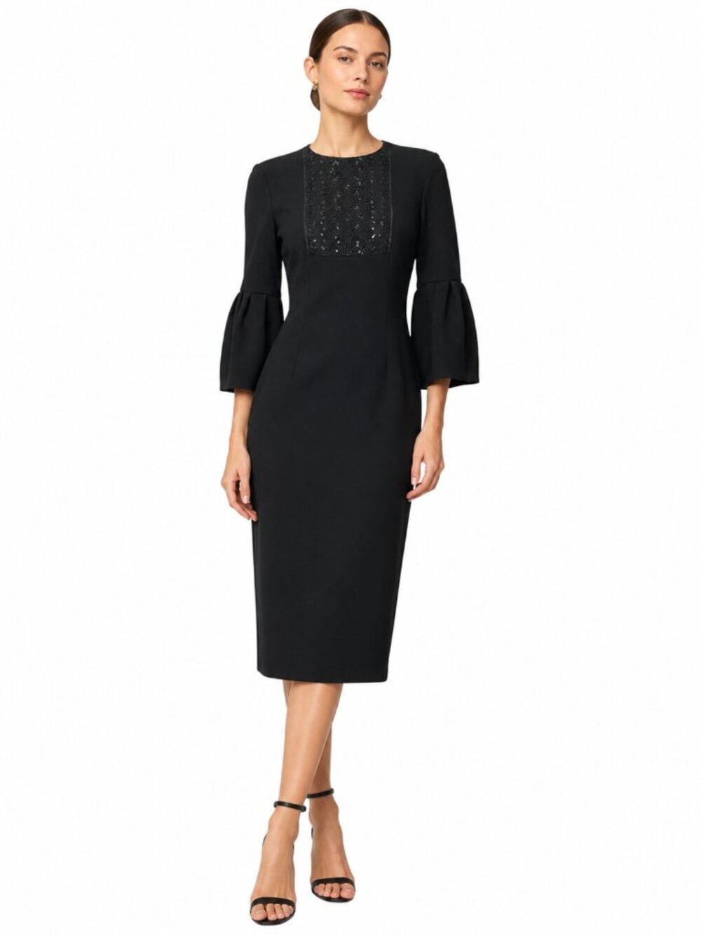 Sachin & Babi Black Embellished Midi Cocktail Dress Bell Sleeve Sheath Size 2-4